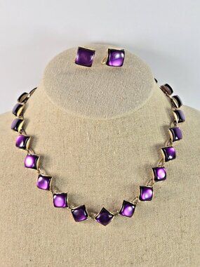 Vintage MCM Necklace And Screwback Earrings Set Purple Moonglow Lucite 1950s 60s